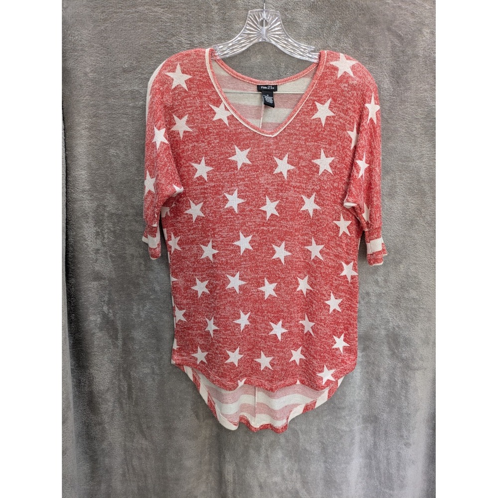 Stars Stripes Top Women's Medium Red White‎ Knit Vneck Casual Beachy